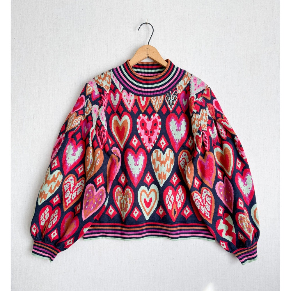 Avara Women Heart Print Puff Sleeve Mock Neck Knit Sweater Navy‎ Multi XL
